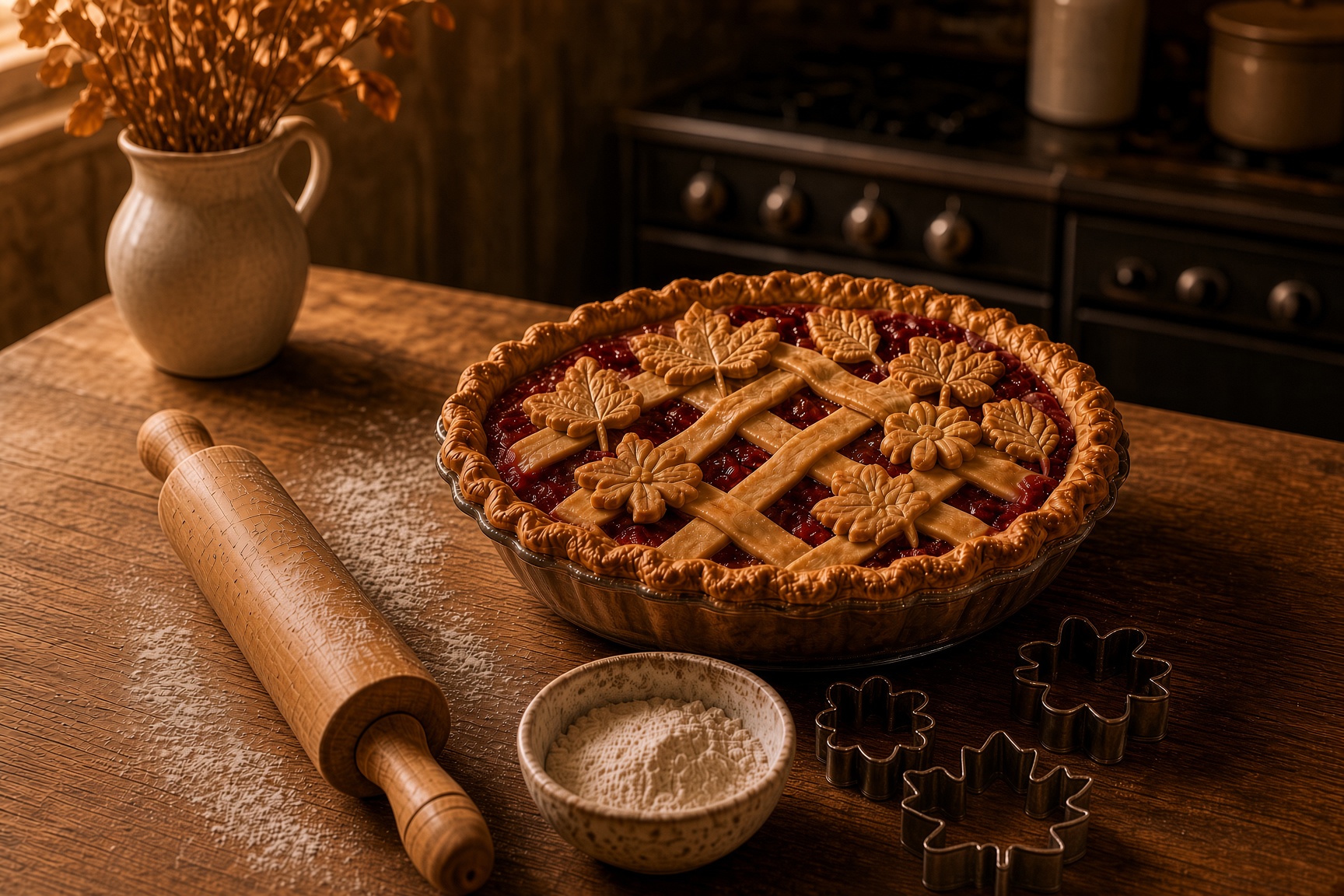 A-warm-kitchen-scene-with-a-golden-brown-pie-decorated-with-leaf-and-flower-pastry-cutouts-a-rolling-pin-and-cookie-cutters